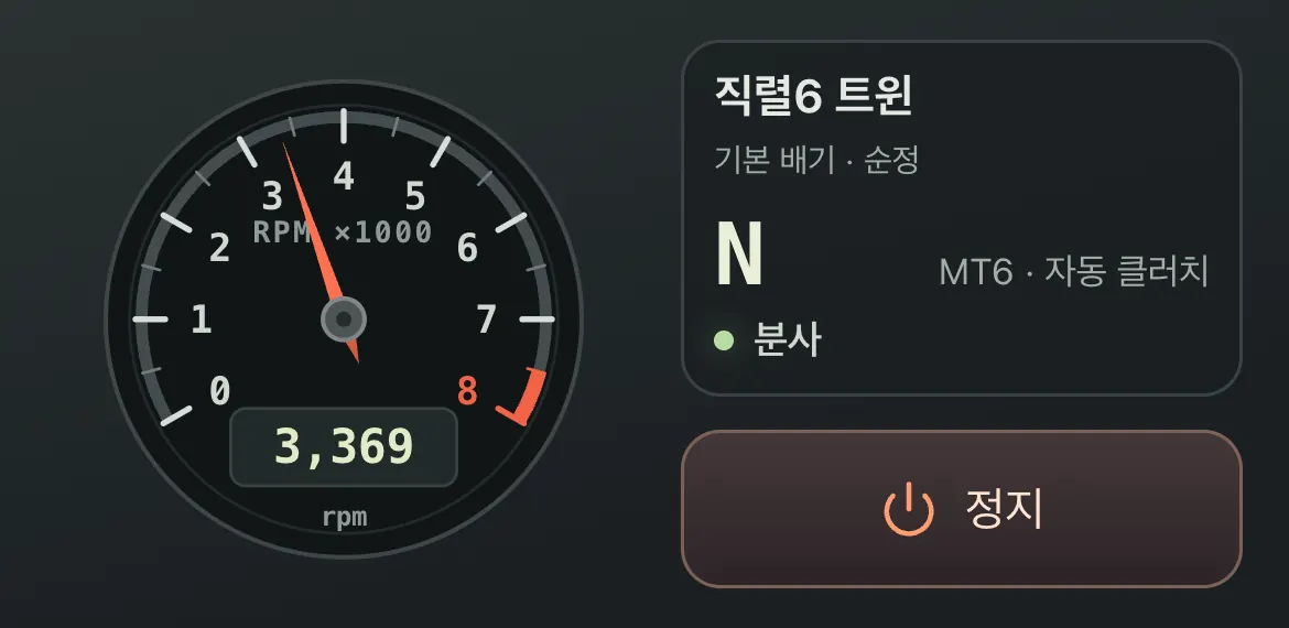 회전 중인 계기판. 바늘이 3,369 rpm을 가리켜요. 옆 칸에 엔진 이름(직렬6 트윈)과 배기·튜닝, 중립 기어, 분사 상태가 보이고 그 아래에 정지 버튼이 있어요.